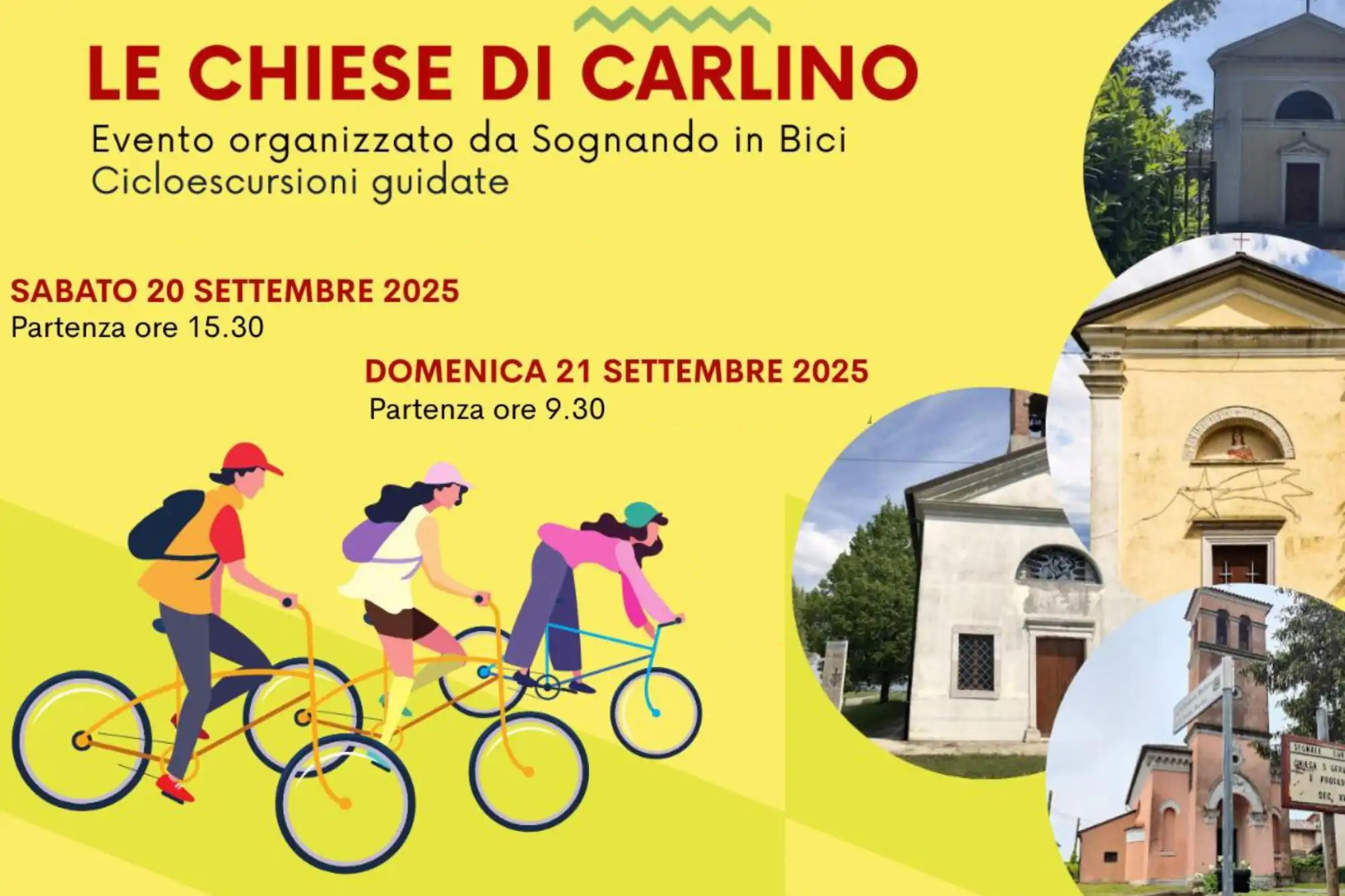 Locandina cicloescursioni guidate Le chiese di Carlino, evento del 20 e 21 settembre 2025 organizzato da Sognando in Bici&quot;