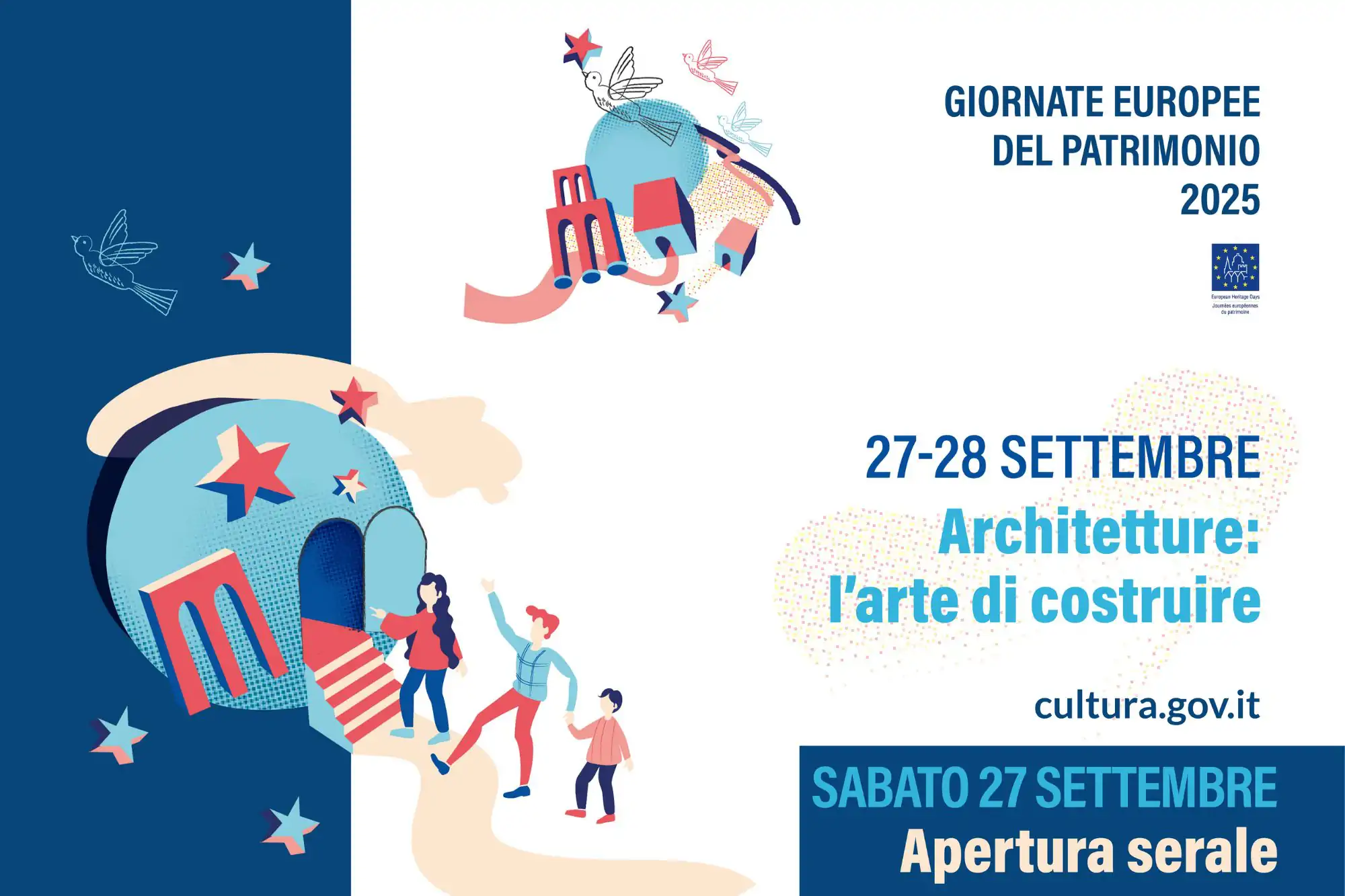 Locandina Giornate Europee del Patrimonio 2025, tema Architetture: l’arte di costruire, 27 e 28 settembre con aperture straordinarie