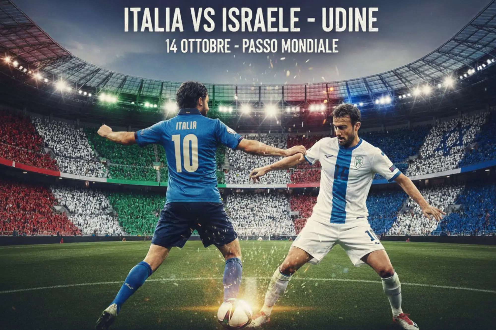 Stadio di Udine illuminato di tricolore per la sfida Italia-Israele del 14 ottobre 2025, una partita che può cambiare il destino azzurro