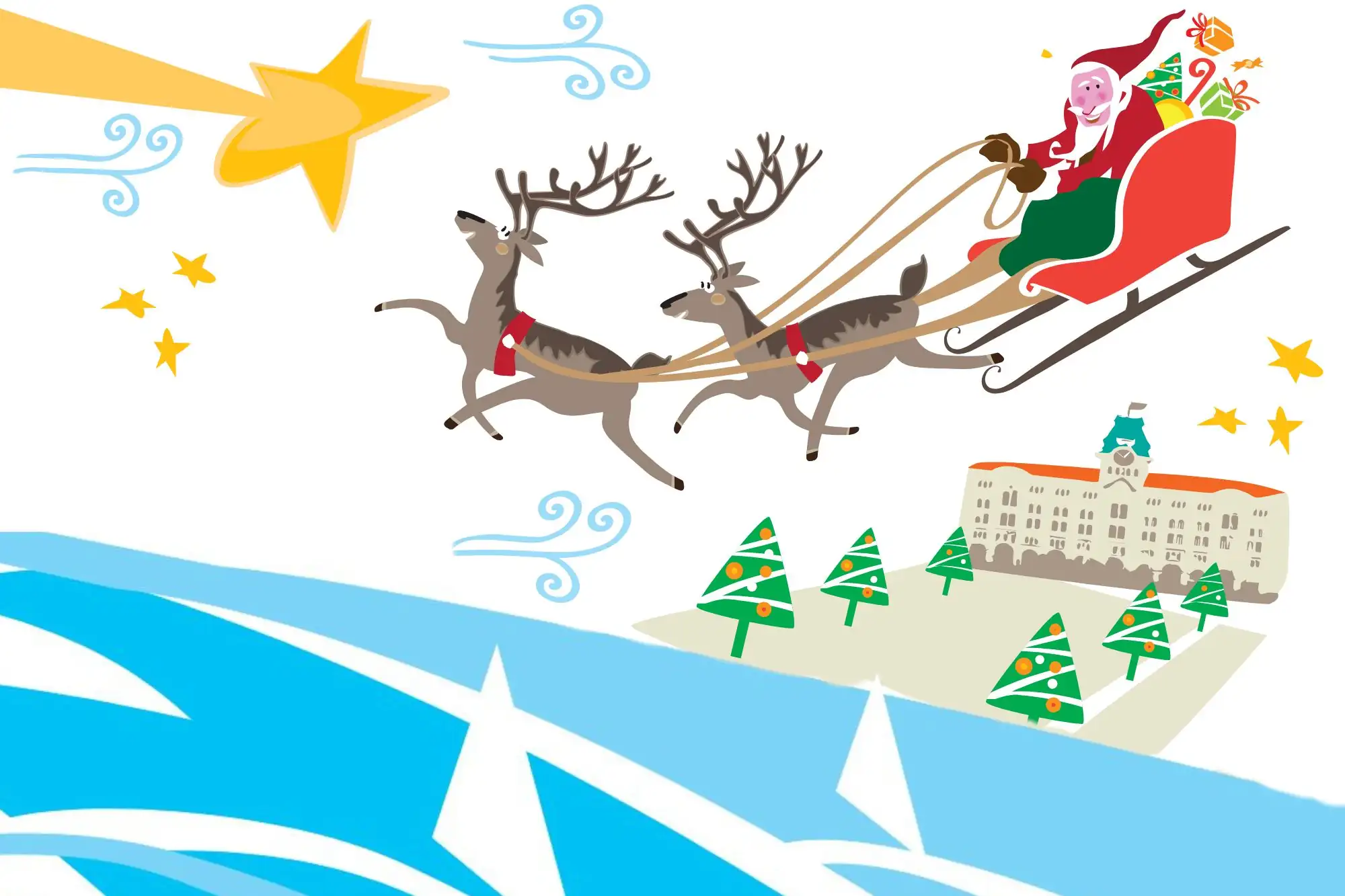 Babbo Natale vola con le renne sopra una Trieste illustrata tra stelle e alberi illuminati, immagine promozionale degli eventi “A Trieste per le Feste 2025”