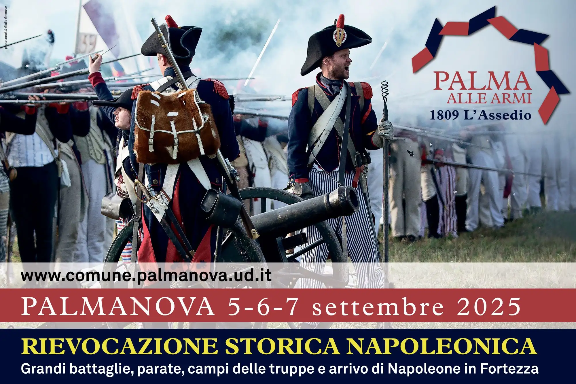 Manifesto ufficiale dell’evento “Palma alle Armi 1809 L’Assedio”, rievocazione storica napoleonica a Palmanova dal 5 al 7 settembre 2025. Polvere da sparo, divise napoleoniche e un intero weekend per rivivere la magia della Palmanova storica. Locandina Palma alle Armi 2025, rievocazione storica napoleonica con battaglie, parate e accampamenti a Palmanova.