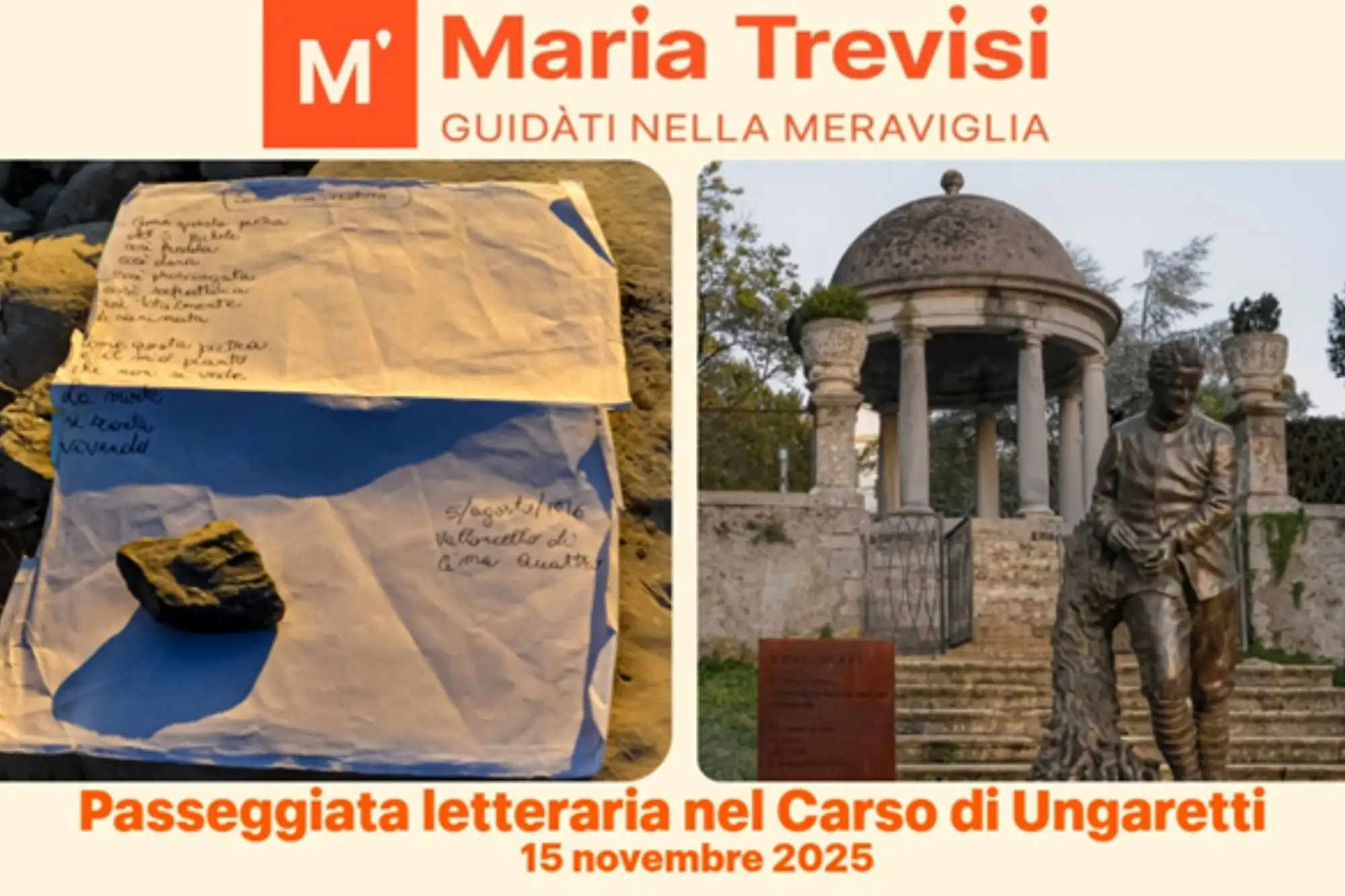 Locandina della passeggiata letteraria nel Carso di Ungaretti con la guida Maria Trevisi, tra San Martino del Carso e Monte San Michele, 15 novembre 2025