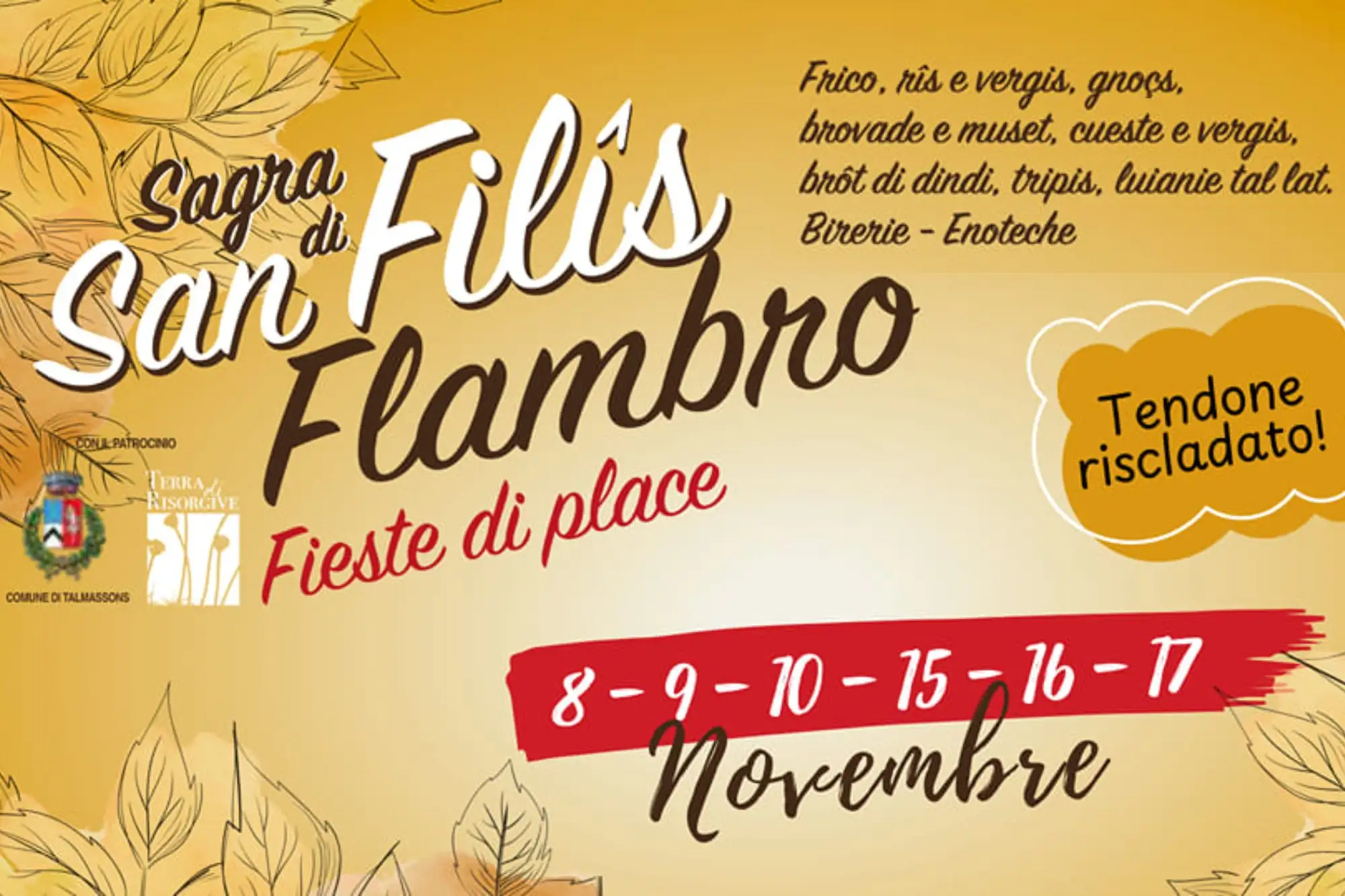 Locandina della Sagra di San Filis di Flambro 2025, festa paesana con piatti tipici friulani, musica e tendone riscaldato a novembre