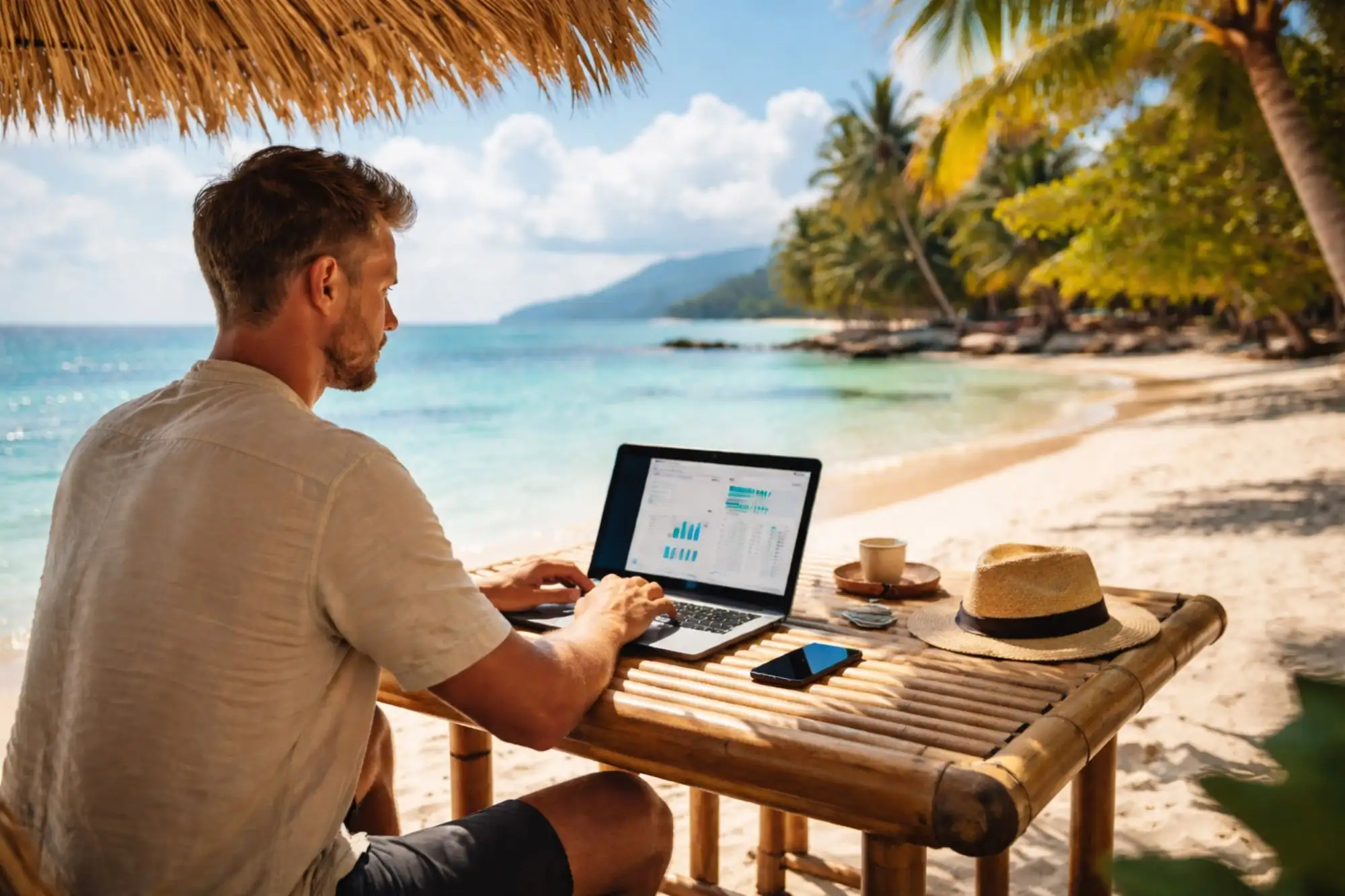 Nomade digitale lavora al laptop con caffè