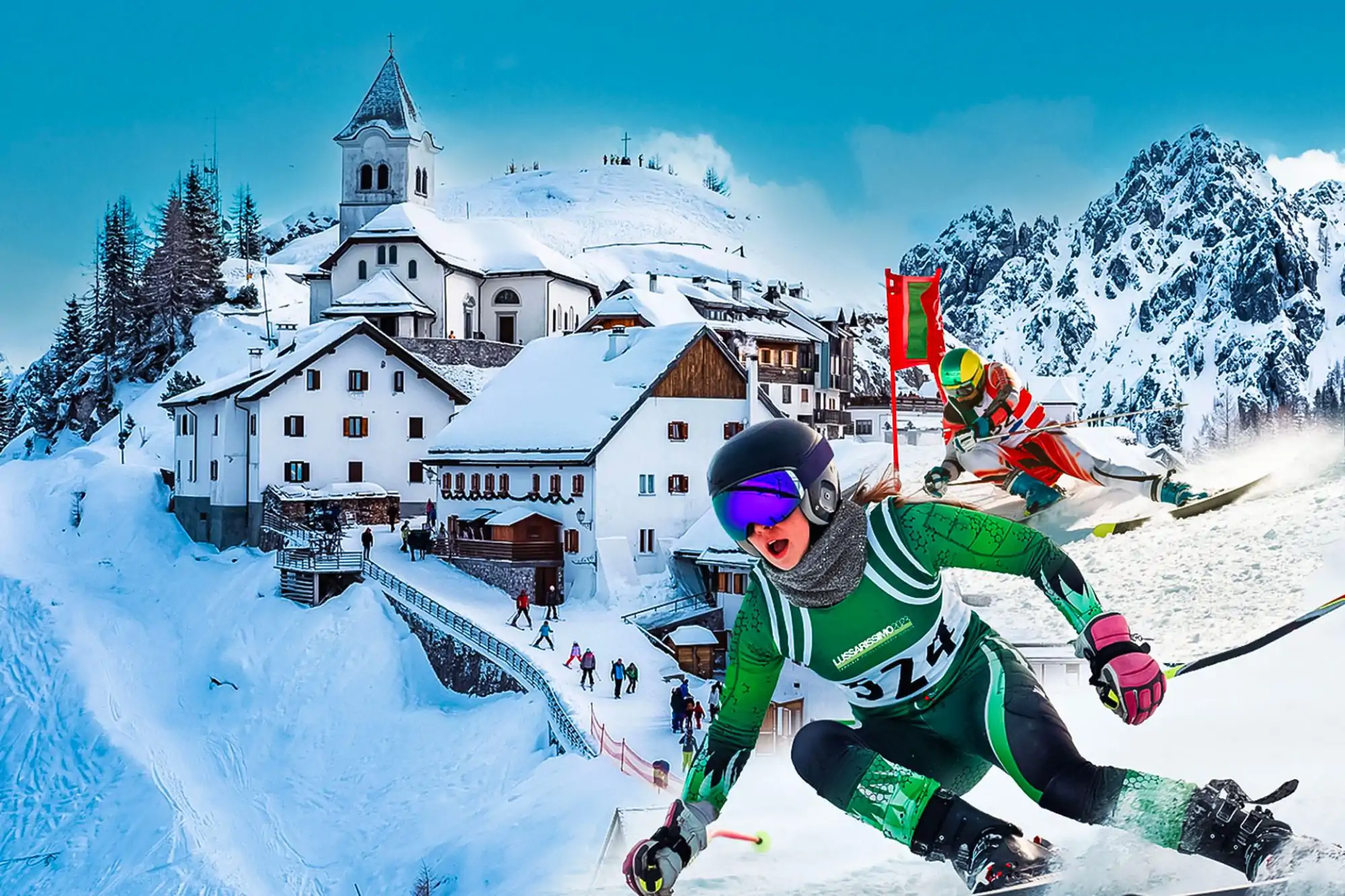 Sciatori in gara al Lussarissimo sulla pista Di Prampero con il Santuario del Monte Lussari innevato sullo sfondo a Tarvisio