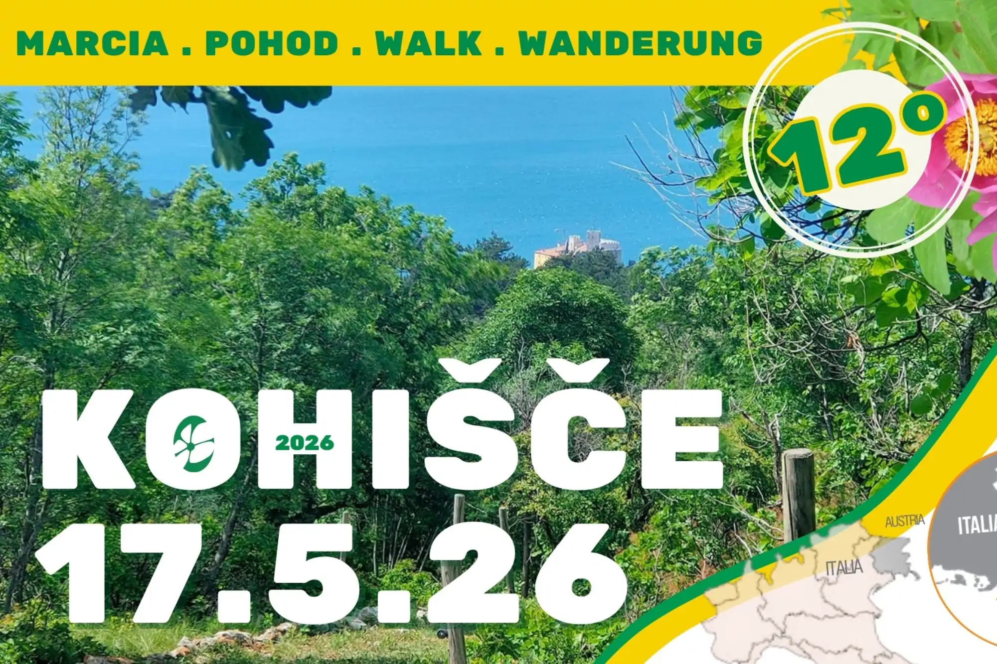 Paesaggio del Carso triestino lungo la Marcia Kohišče 2026, tra vegetazione, sentieri e scorcio sul mare vicino Duino