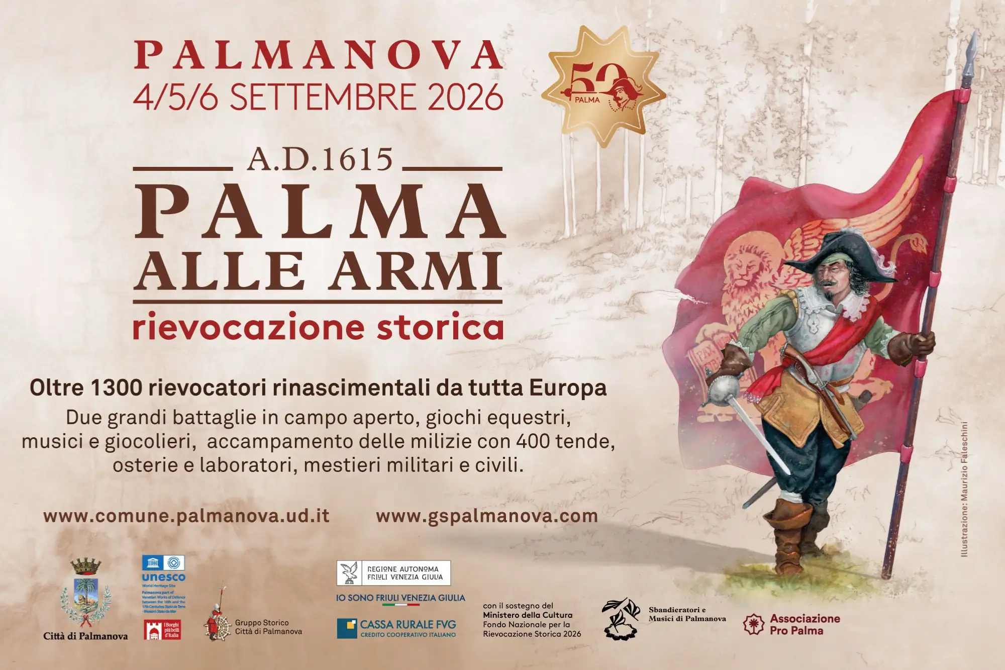 Manifesto ufficiale dell’evento “Palma alle Armi 1809 L’Assedio”, rievocazione storica napoleonica a Palmanova dal 5 al 7 settembre 2025. Polvere da sparo, divise napoleoniche e un intero weekend per rivivere la magia della Palmanova storica. Locandina Palma alle Armi 2026, rievocazione storica napoleonica con battaglie, parate e accampamenti a Palmanova.