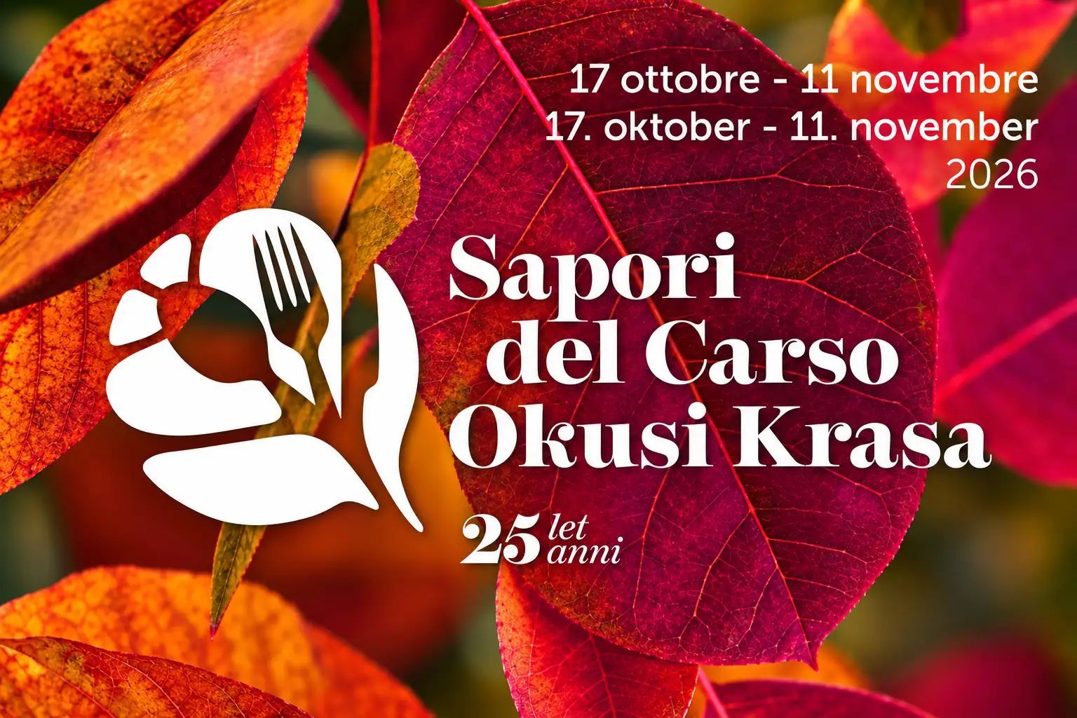 Sapori del Carso 2026, locandina autunnale con foglie rosse e arancioni e date dal 17 ottobre all’11 novembre.
