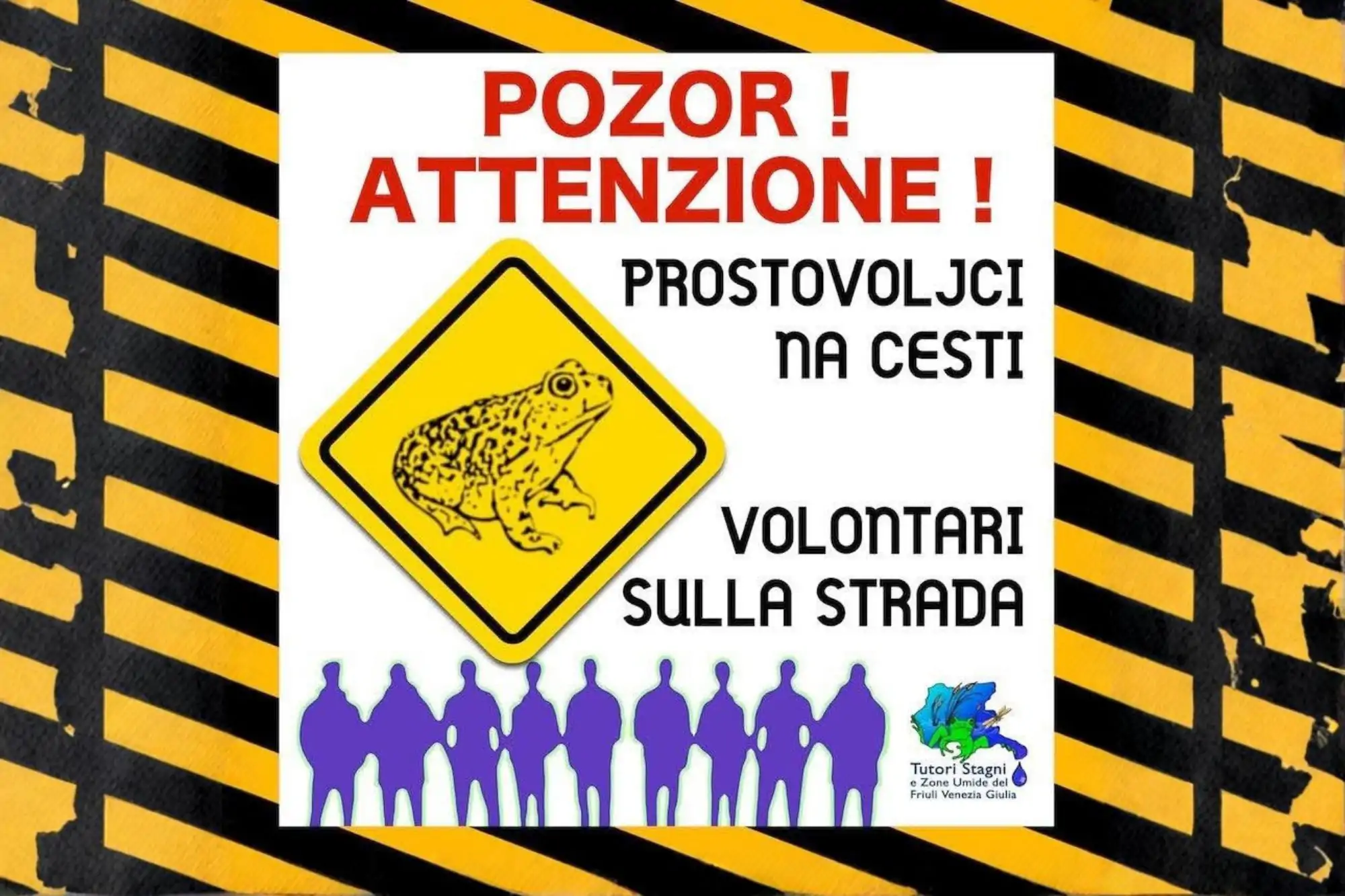 Cartello attenzione volontari sulla strada per tutela anfibi durante Save the Frogs Day nel Carso triestino